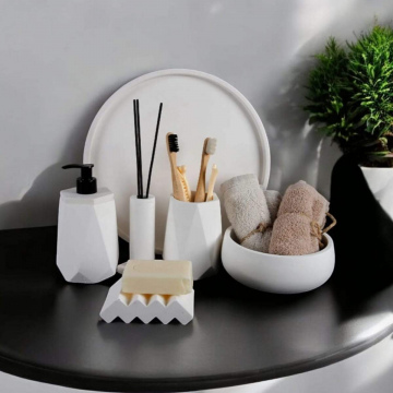 6'lı Mermer Desenli kırık Beyaz Beton Banyo Seti,sıvı Sabunluk Diş Fırçalığı Aksesuar Takım