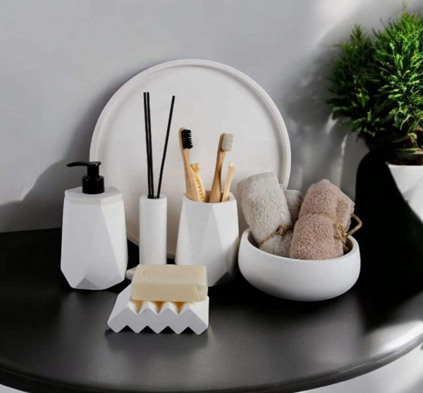 6'lı Mermer Desenli kırık Beyaz Beton Banyo Seti,sıvı Sabunluk Diş Fırçalığı Aksesuar Takım
