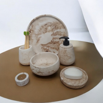 6'lı Mermer Desenli Bej Beton Banyo Seti,sıvı Sabunluk Diş Fırçalığı Aksesuar Takım 