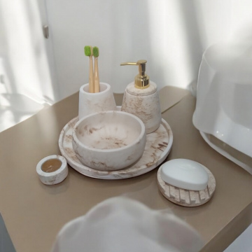 6'lı Mermer Desenli Bej Banyo Seti,Sıvı Sabunluk Diş Fırçalığı Aksesuar Takım 
