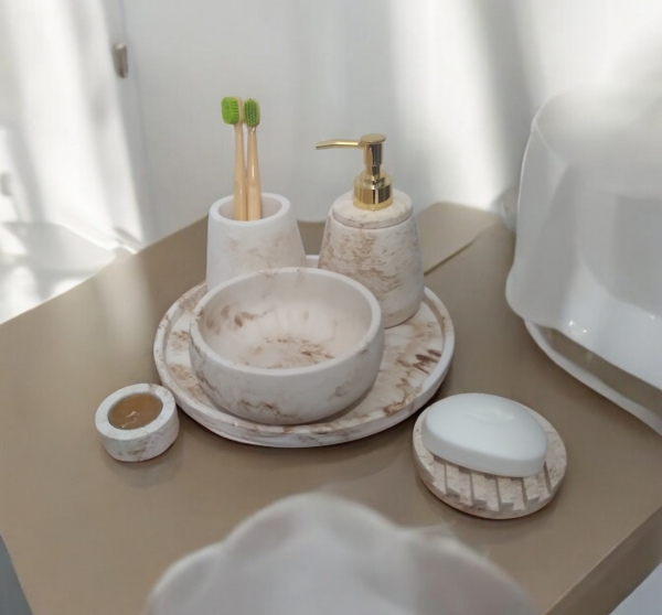 6'lı Mermer Desenli Bej Banyo Seti,Sıvı Sabunluk Diş Fırçalığı Aksesuar Takım 