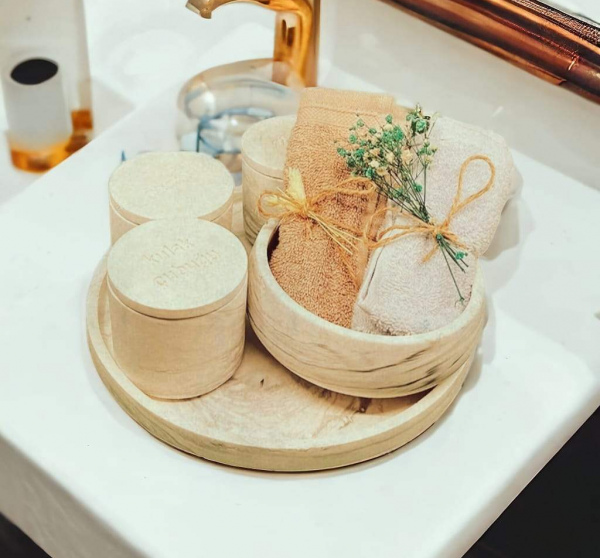Marble Serisi Bej Havluluk Ve Organizerli Beton Banyo Seti