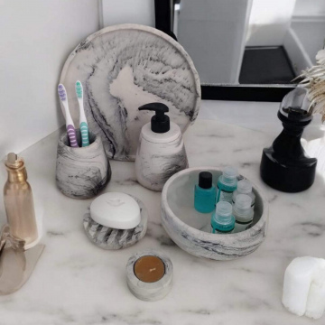 6'lı Mermer Desenli Gri Banyo Seti,sıvı Sabunluk Diş Fırçalığı Aksesuar Takım 