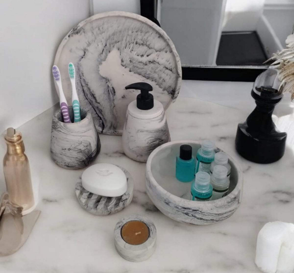 6'lı Mermer Desenli Gri Banyo Seti,sıvı Sabunluk Diş Fırçalığı Aksesuar Takım 