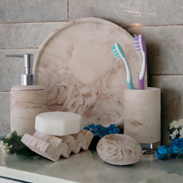 6'lı Mermer Desenli  Bej Banyo Seti,sıvı Sabunluk Diş Fırçalığı Aksesuar Takım 