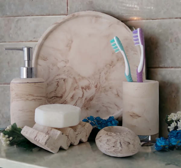 6'lı Mermer Desenli  Bej Banyo Seti,sıvı Sabunluk Diş Fırçalığı Aksesuar Takım 