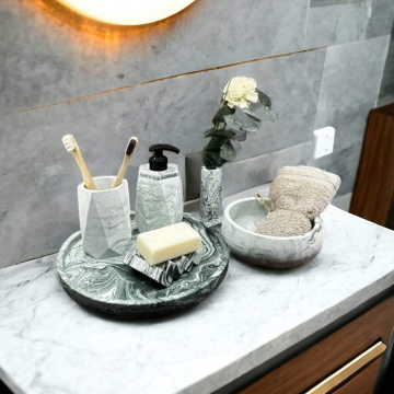 6'lı Mermer Desenli Yeşil Beton Banyo Seti,sıvı Sabunluk Diş Fırçalığı Aksesuar Takım