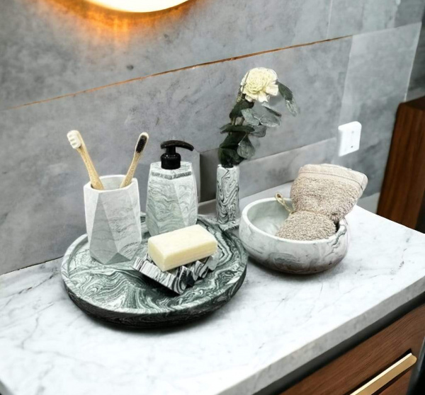 6'lı Mermer Desenli Yeşil Beton Banyo Seti,sıvı Sabunluk Diş Fırçalığı Aksesuar Takım