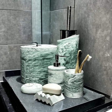 Mermer Desen Yeşil Beton Banyo Seti,çöp Kovasi Ve Fırçası,katı,sıvı Sabunluk,diş Fırçalığı,mumluk