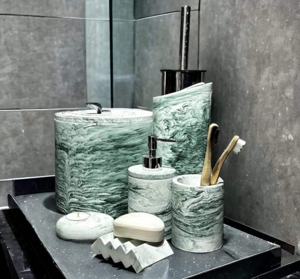 Mermer Desen Yeşil Beton Banyo Seti,çöp Kovasi Ve Fırçası,katı,sıvı Sabunluk,diş Fırçalığı,mumluk