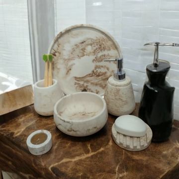 6'lı Mermer Desenli Bej Banyo Seti,Sıvı Sabunluk Diş Fırçalığı Aksesuar Takım (5)
