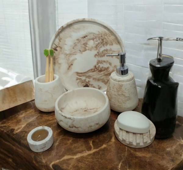 6'lı Mermer Desenli Bej Banyo Seti,Sıvı Sabunluk Diş Fırçalığı Aksesuar Takım (5)