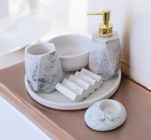 6'lı Mermer Desenli Bej Banyo Seti,Sıvı Sabunluk Diş Fırçalığı Aksesuar Takım 