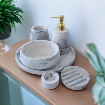 6'lı Mermer Desenli Banyo Seti,Sıvı Sabunluk Diş Fırçalığı Aksesuar Takım