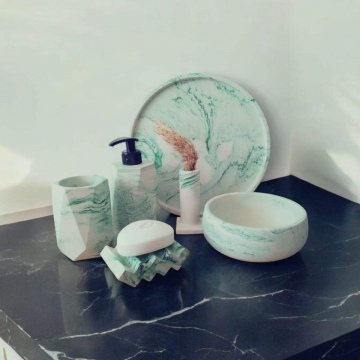 6'lı Mermer Desenli Yeşil Beton Banyo Seti,sıvı Sabunluk Diş Fırçalığı Aksesuar Takım
