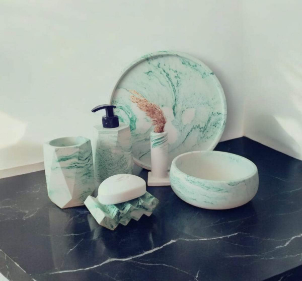 6'lı Mermer Desenli Yeşil Beton Banyo Seti,sıvı Sabunluk Diş Fırçalığı Aksesuar Takım