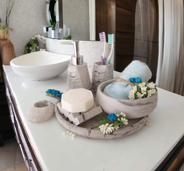 6'lı Mermer Desen Antrasit Banyo Seti,sıvı Sabunluk Diş Fırçalığı Aksesuar Takım (7
