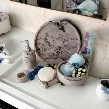 6'lı Mermer Desenli Antrasit Banyo Seti,sıvı Sabunluk Diş Fırçalığı Aksesuar Takım 