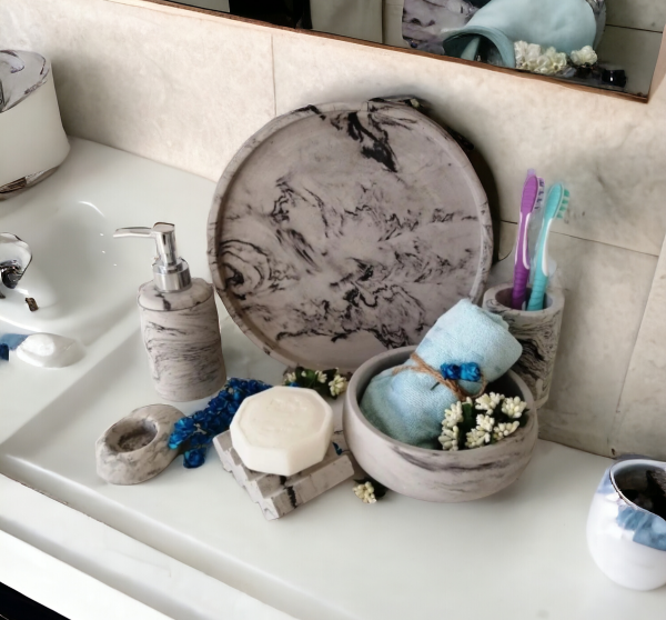 6'lı Mermer Desenli Antrasit Banyo Seti,sıvı Sabunluk Diş Fırçalığı Aksesuar Takım 