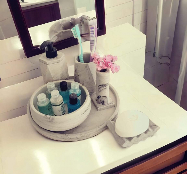 6'lı Mermer Desenli Antrasit Beton Banyo Seti,sıvı Sabunluk Diş Fırçalığı Aksesuar Takım 