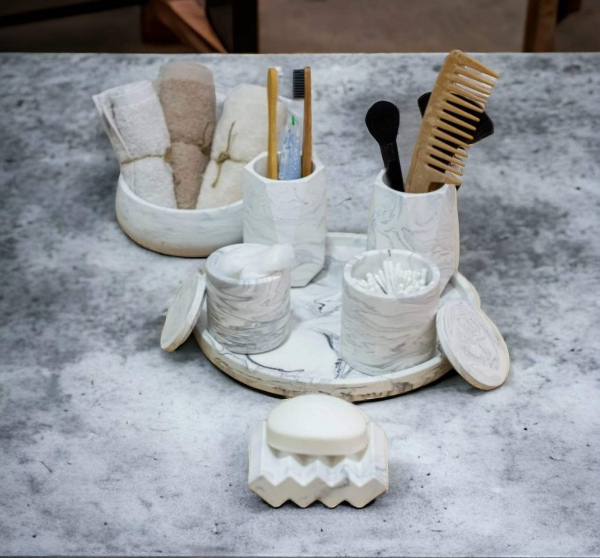 Marble Serisi Tepsili Beton Banyo Seti,Pamukluk,Havluluk ve Sabunluk Seti (2)