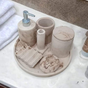 6'lı Mermer Desenli Bej Banyo Seti,Sıvı Sabunluk Diş Fırçalığı Aksesuar Takım