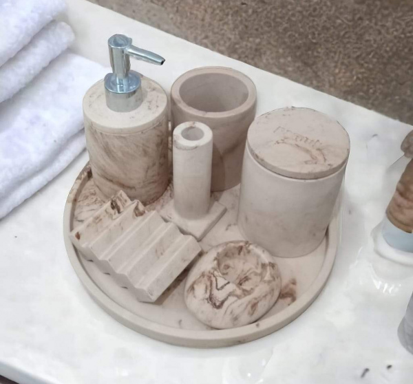 6'lı Mermer Desenli Bej Banyo Seti,Sıvı Sabunluk Diş Fırçalığı Aksesuar Takım